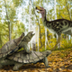 Artist’s impression of Laurasichersis relicta, an extinct species of land turtle that survived the mass extinction 66 million years ago. A Gastornis dinosaur can be seen in the background, not minding its own business.